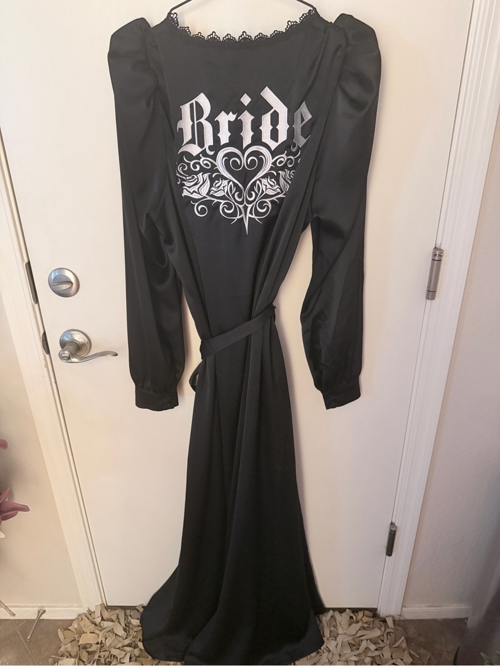 Dolls Kill Black Satin 'Bride' Graphic Long Robe